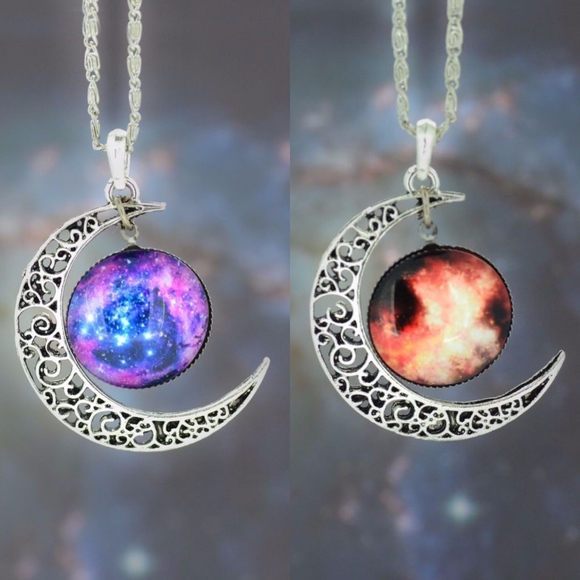 Dome Galaxy Crescent Moon Silver Necklace - Picture 2 of 3